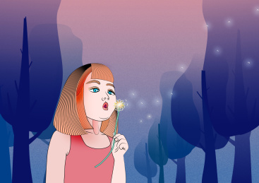 户外树林吹蒲公英小女孩矢量插画