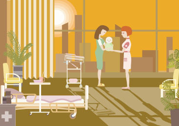 医院病房产妇婴儿和护士场景插画