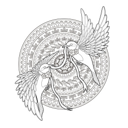 飞行鸟儿叼着彩带成人填色画，曼陀罗背景
