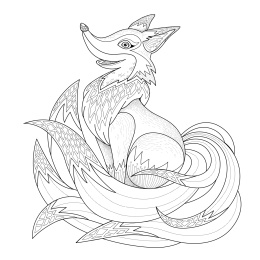 有九条尾巴的毛茸茸狐狸，成人填色画