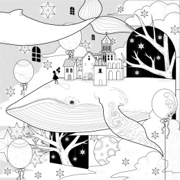 巨大鲸鱼背着房屋在夜空中翱翔，奇幻成人填色画