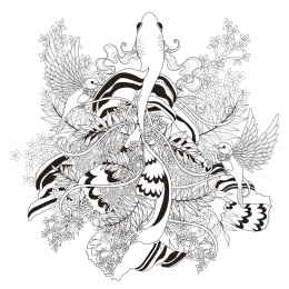 华丽金鱼优游于药草间，俯视角度成人填色画