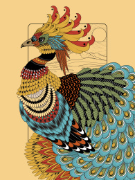 有着华丽尾羽的孔雀，成人填色画