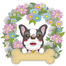 惹人怜爱的法斗从花环中央穿出，成人填色画