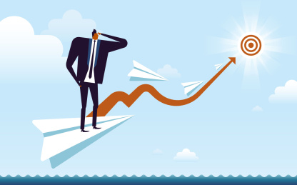 商业概念插画设计，纸飞机载着身着西装的商人飞向目标