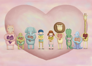 手绘插画，孩子与动物们抱着爱心