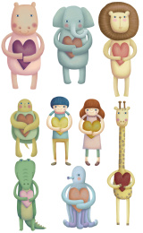 手绘插画，孩子与动物们抱着爱心