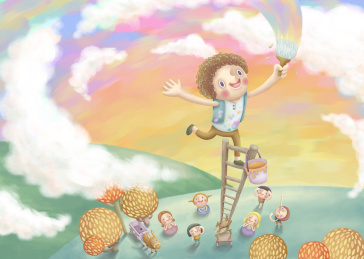 儿童小画家拿着油漆刷彩绘七彩天空，手绘风格素材