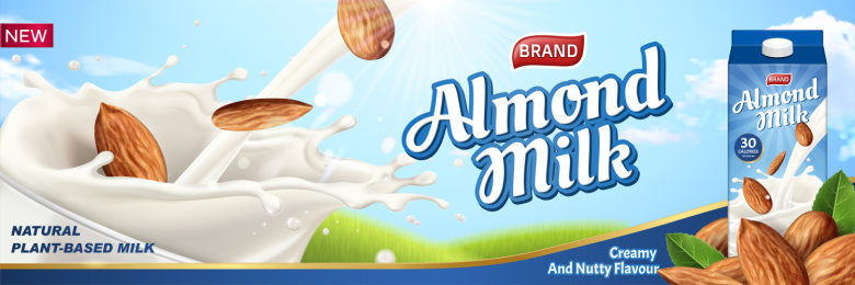 杏仁牛奶饮品广告设计 ，健康牛奶倒入玻璃杯中