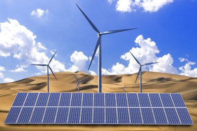 太阳能发电和风力发电设备在沙漠中，将沙漠变成绿洲