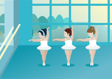 舞蹈教室三个小女孩跳芭蕾舞插画