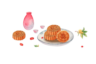 中秋节月饼桂花酒壶插画海报