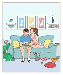坐沙发上甜蜜的情侣