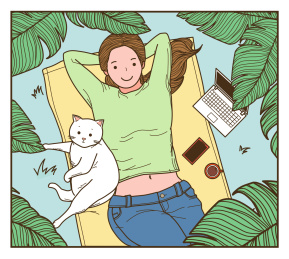 和猫咪躺在草地上仰望天空的女孩
