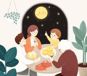 中秋节家庭赏月插画