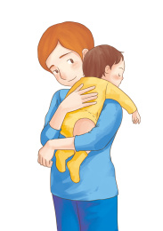 婴儿腹部如悬挂一般靠在母亲肩上，轻拍婴儿的后背。用拇指穿过婴儿的腋将其抱紧，婴儿在母亲的左肩上，用母亲的右手把婴儿抱稳