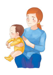 婴儿坐在妈妈的腿上，妈妈用手掌根部顶住她的胃，使婴儿的下颌依靠在妈妈的手掌上部。让婴儿向前倾斜，让她的全部重量压在妈妈的手掌根部，妈妈轻拍宝宝后背