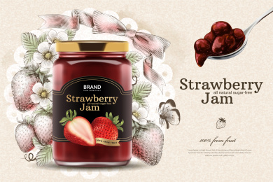 刻蚀风格草莓果酱广告设计，汤匙盛着一口果酱