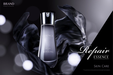 黑色调修复精华广告设计与丝滑绸缎