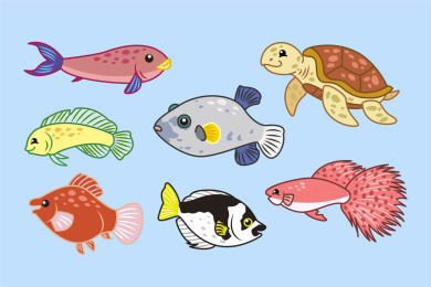 可爱海洋生物素材集合 ，蓝色背景