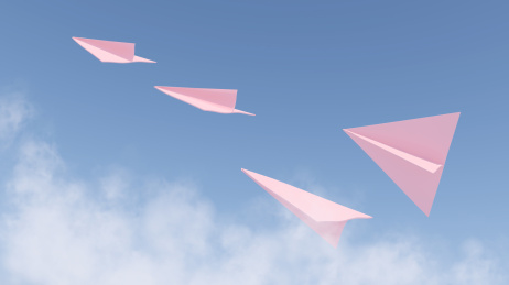 蓝天白云中体现青春,梦想,与引领的一群纸飞机