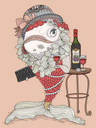 贵妇鲤鱼喝红酒，成人填色图
