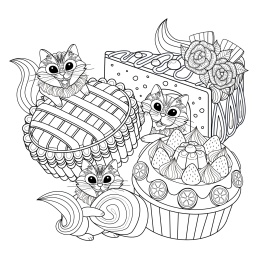 各式美味甜点与猫咪成人填色画