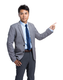 asian businessman with finegr point out