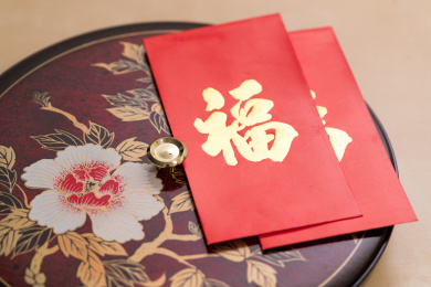 chinese snack box tray with red pocket word meaning luck