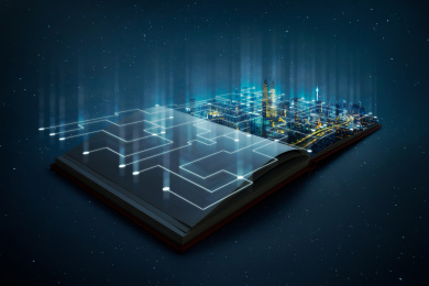 抽象通讯特效与城市出现在书本中，未来精明城市概念图