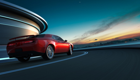 美式肌肉形跑车行驶在晨早的道路，三维渲染