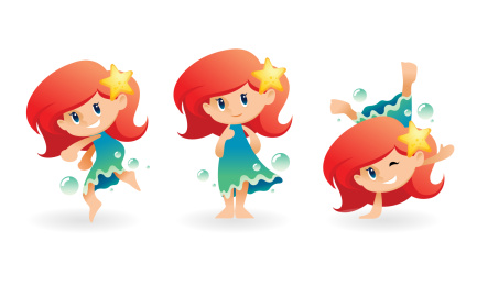 Cartoon illustration of water elf or mermaid in different poses isolated on white background.