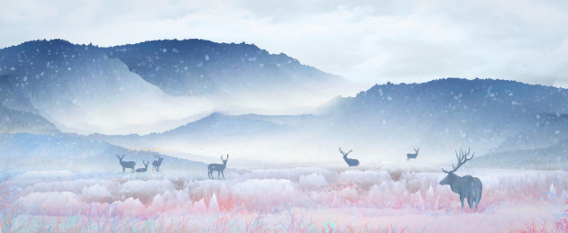雪山下梅花鹿在湖边休息喝水，在仙境般风景中嬉戏插画