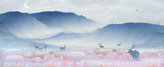 雪山下梅花鹿在湖边休息喝水，在仙境般风景中嬉戏插画