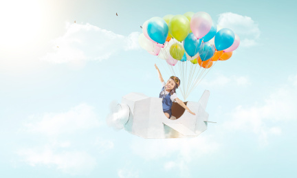 抽象气球纸飞机带着小女孩去旅游
