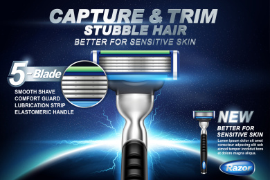 手动剃须刀广告设计，产品与宇宙雷电特效背景