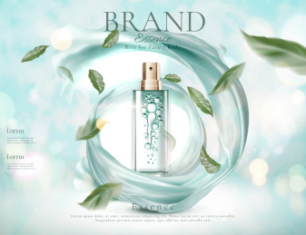 美容喷雾广告设计，蓝色绸缎与叶片于模糊发光背景旋转飘逸