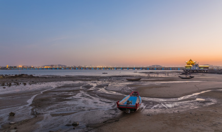 中国厦门海滩远眺集美大桥夜景天际特写