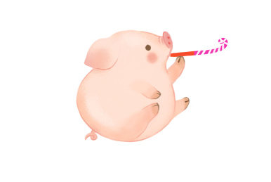 猪年插图坐在垫子上玩吹龙的小猪