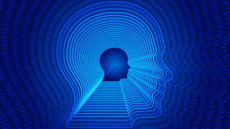 AI人工智能，线条与数字组成人体头部轮廓。科学技术与工程概念。