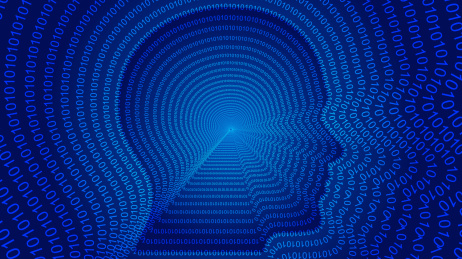 AI人工智能，01数字组成人体头部轮廓。科学技术与工程概念。