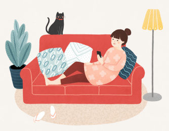 女孩沙发玩手机插画