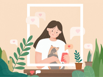 可爱风插画绿植小女生吸猫图