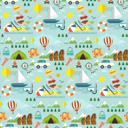 著名旅游景点及旅游配备无缝背景，平面插图