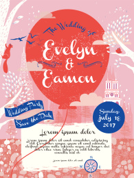 可爱婚礼派对邀请函，版画风格红色漂浮气球