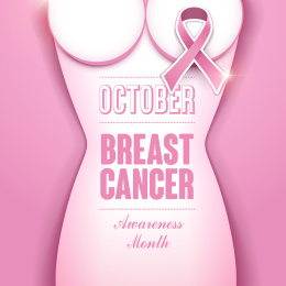 粉红丝带配戴于女性左胸上，乳癌防治月海报