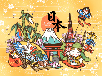 日本观光旅游手绘插图,文化象征与知名景点素材