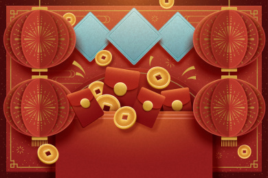 压岁钱与红灯笼新年贺卡