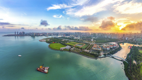Aerial View of Buildings and Parks in Binhai Central Business District and Parks of Haikou City in Hainan Island of China