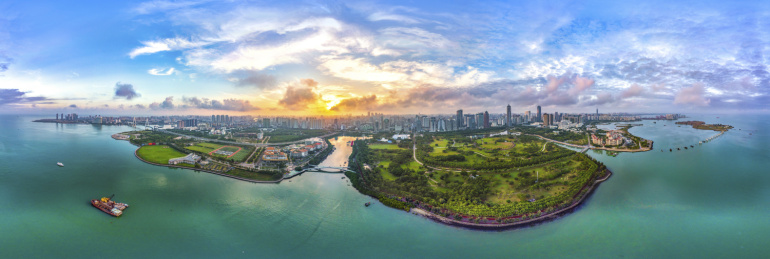 Aerial View of Buildings and Parks in Binhai Central Business District and Parks of Haikou City in Hainan Island of China